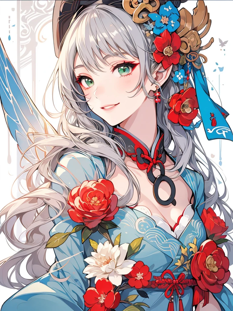 masterpiece, Highest quality, One girl, Super detailed, Ultra-high resolution, Distinct facial features, Anatomically correct, pretty girl, Long pointy ears, Fairy, Nice face,Gray Hair, Green Eyes,China dress, smile, ukiyo-e,