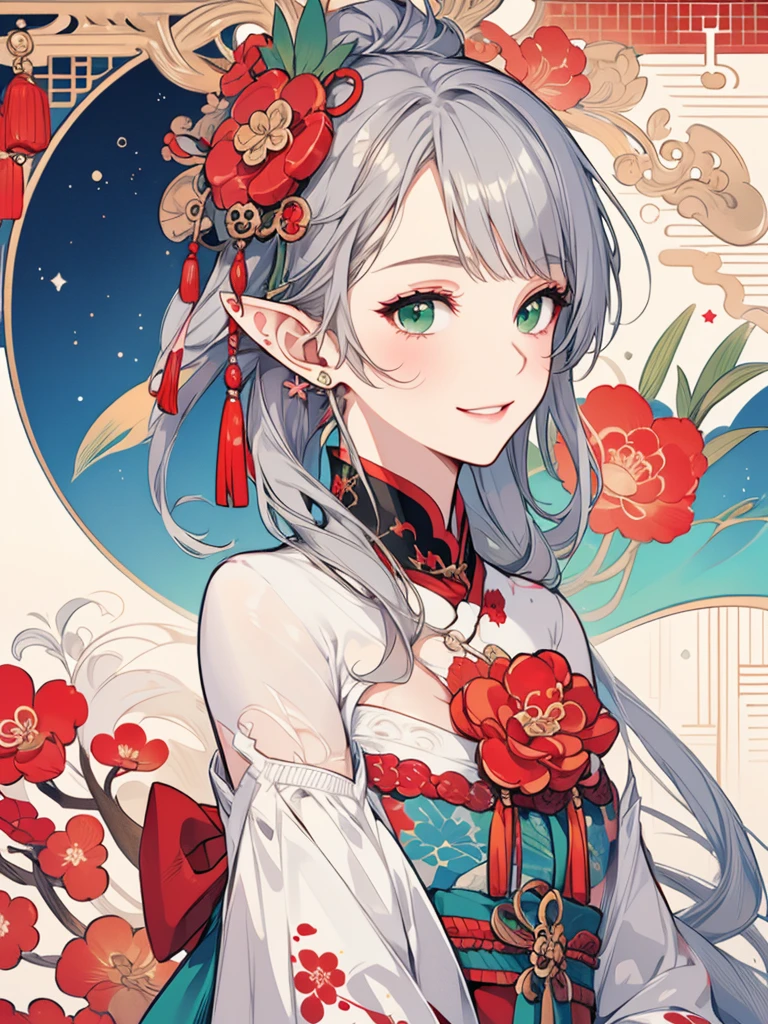masterpiece, Highest quality, One girl, Super detailed, Ultra-high resolution, Distinct facial features, Anatomically correct, pretty girl, Long pointy ears, Fairy, Nice face,Gray Hair, Green Eyes,China dress, smile, ukiyo-e,