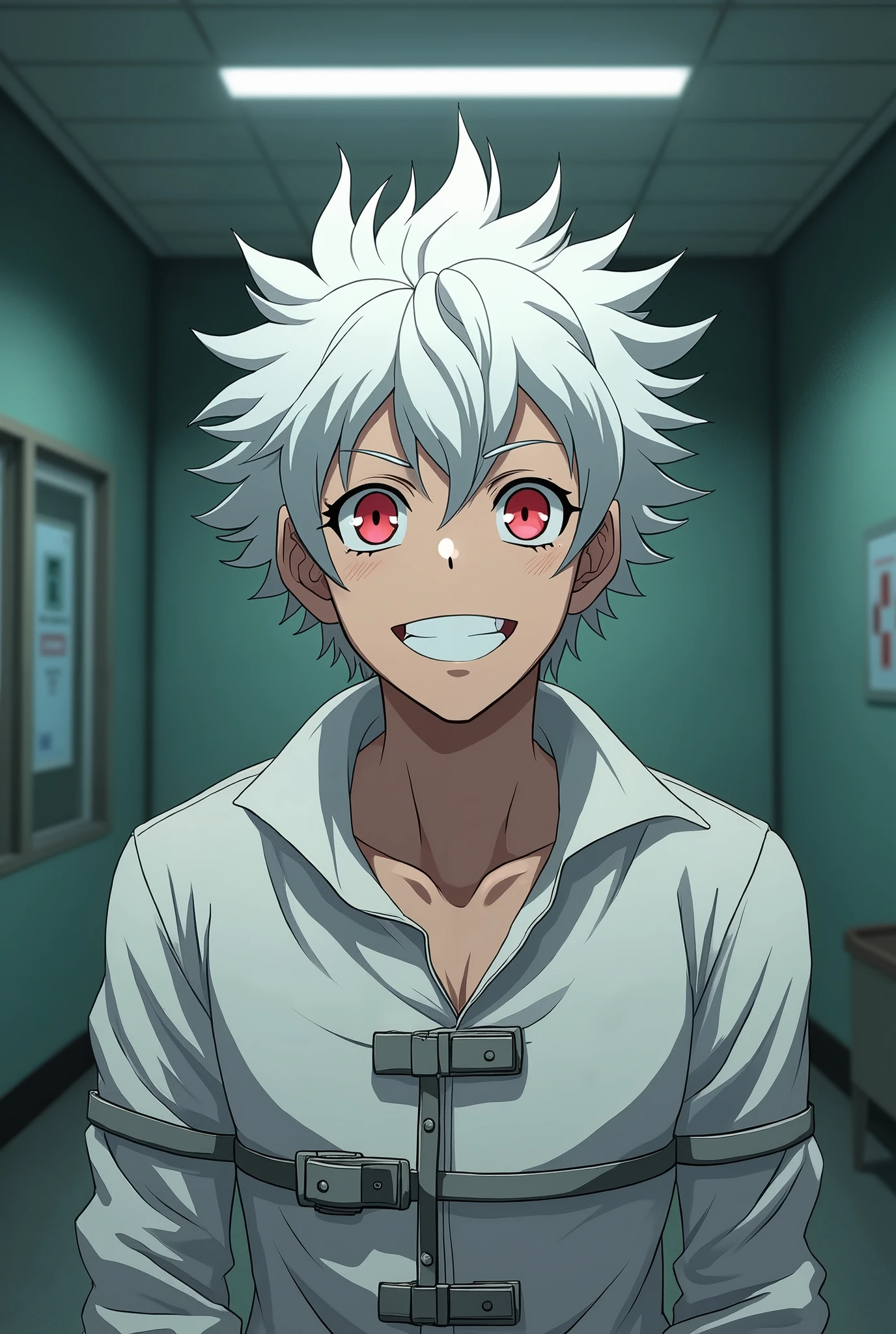 Man with white hair and red eyes, happy, with a smile, with a long-sleeved straitjacket, inside a room in a psychiatric hospital. anime.