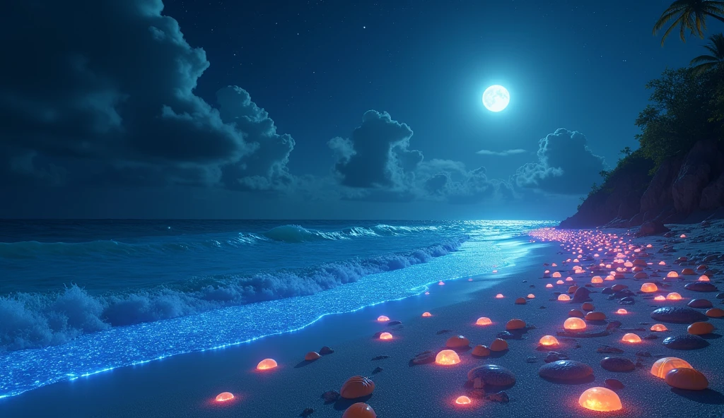 In the night sky,The beach is covered in blue and green fluorescent light,(Many beautiful colorful shells,Conch shells are scattered all over the beach,Beach with HD quality)(Very beautiful luminous stones of various colors sparkling all over the beach,Crystal clear),Dazzling moon,Elf Light,star,Light spot,the sea with fluorescence,the shining golden beach,the starry sky with moonlight,Matte by Michael James Smith,reflection,CG Rendering,Volumetric Light,Space Art,Bioluminescence,Unreal Engine 5,The magic of light,Unreal Engine Rendering,Ultra wide angle,Ultra wide angle,HD。