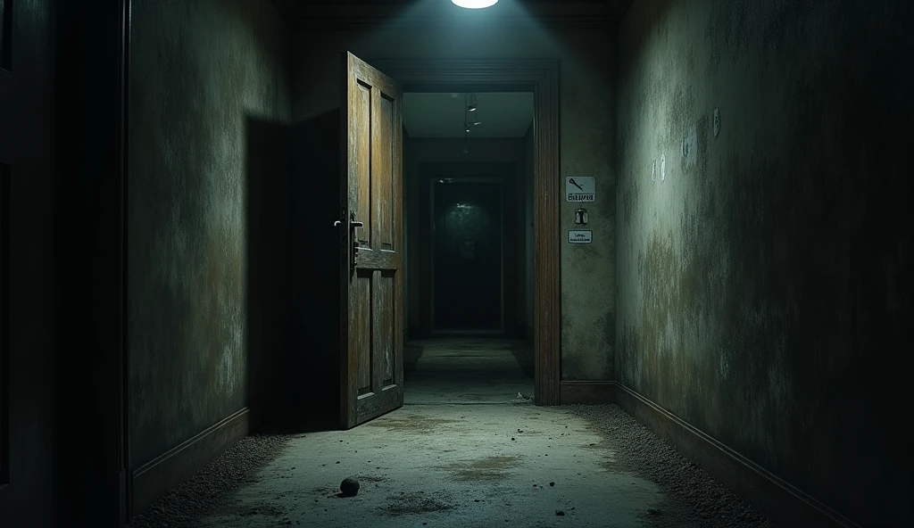 A heavy, closed old door at the end of the hallway in a dimly lit corridor, slightly ajar, leading into a dark, musty room. The room beyond is filled with dust and cobwebs, and the air looks thick and oppressive."