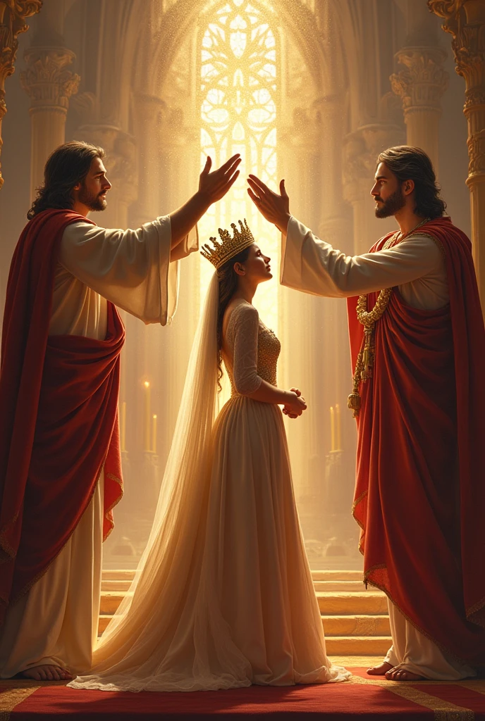 Princess being crowned by the hands of the Lord Jesus Christ and God himself in a royal church