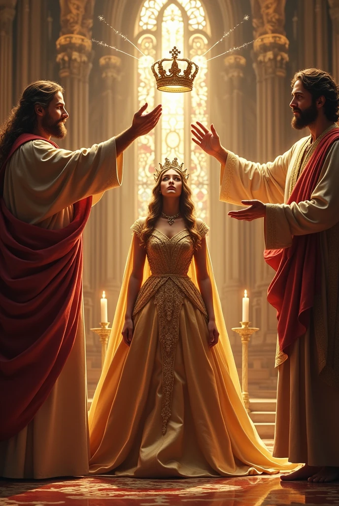 Princess being crowned by the hands of the Lord Jesus Christ and God himself in a royal church