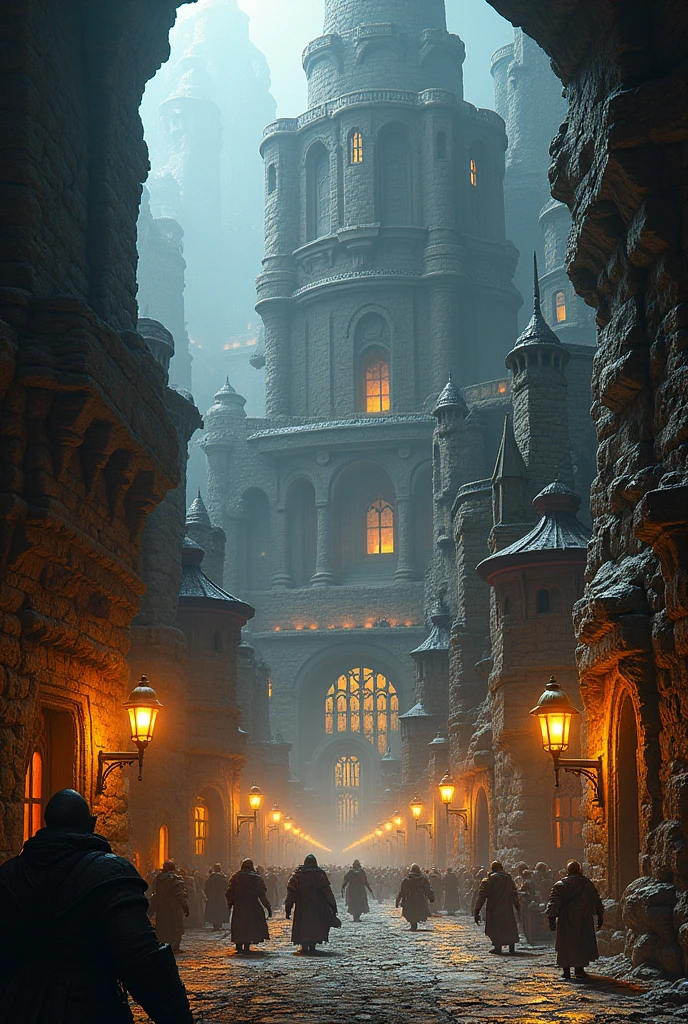 A massive dwarven stronghold fortress, the best quality, streelights lighting up the roads, dwarves everywhere, massive towers rising into the distance, underground cave, cozy, warm colours, strong, noble 