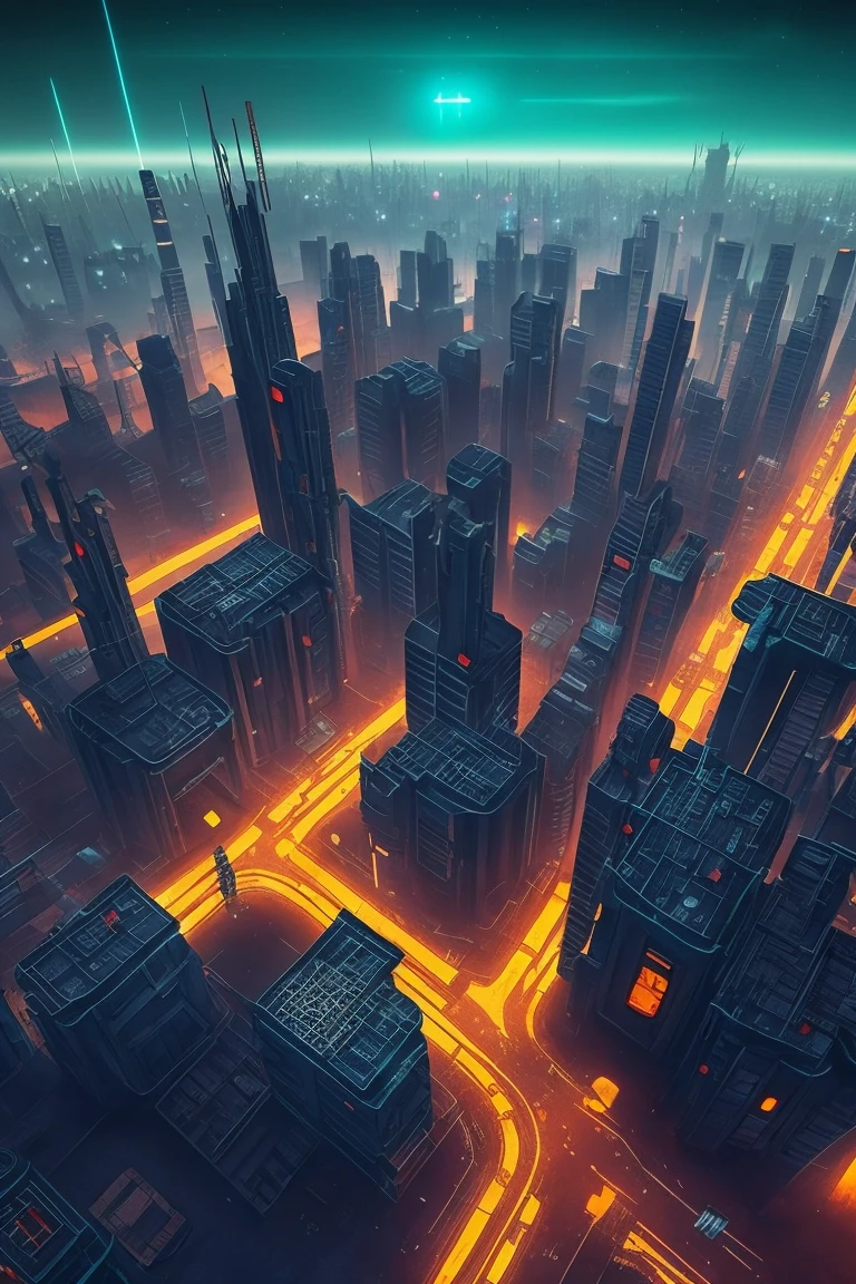 retro video game concept art, 8 bit videogame, simple pixel apocalyptic city ruins from directly above,  skyscraper on center, 3 independent sectors connected by bridges,post  punk urban background , HEXAGON, add_detail:1, add_detail:0, add_detail:0.5, no humans, at night, dark and lonely city