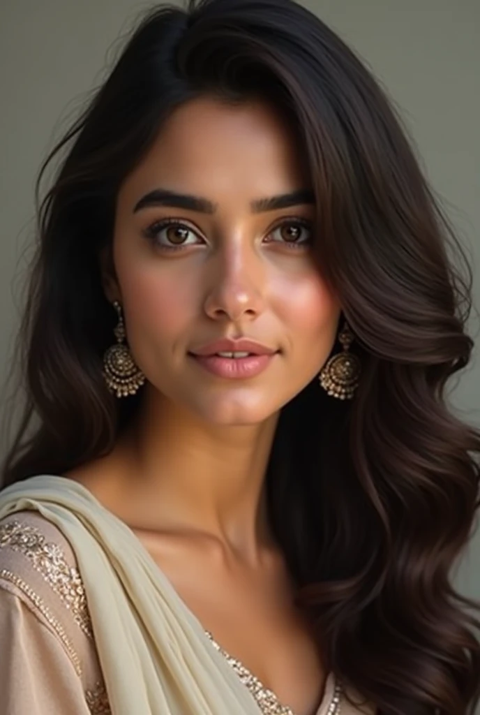 Punjabi girl with shiny brown eyes and no makeup and with one side  curly hairstyle wear dupatta also