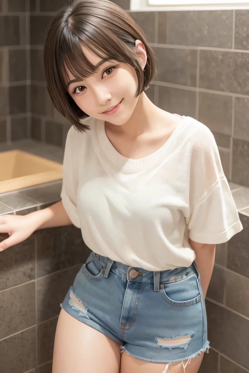 Beautiful girl in extremely short Showa-style denim shorts, short bob, shy smile