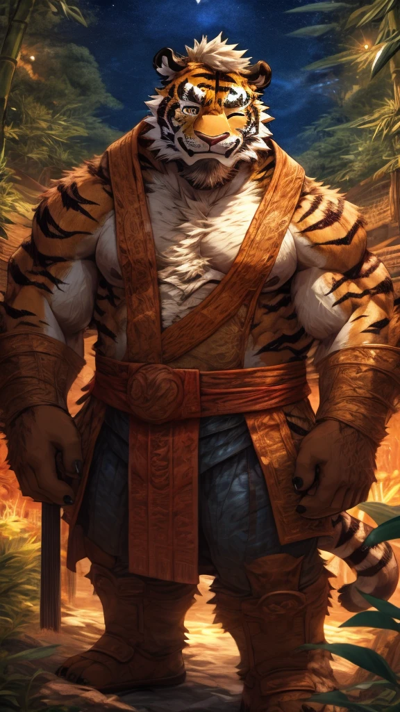 anime style, aid210, nj5furry, ((whole body)), ((monk)), standing, kick, ((plump middle-aged tiger man)), BREAK ((brown eyes)), one eye closed, beautiful beard, beautiful ears, (male face:1.3), (big face:0.5), square jawline, (Male Eyes:1.2), (sharp eyes:0.8), (big eyes:0.5), male eyebrows, (innocent look:0.5), (beautiful black nails down to the last detail:1.2), BREAK (complete Anatomy), (detailed face:1.3), beautiful face, (detailed body), (beautiful hands:1.2), (detailed fingers:1.2), (detailed eyes:1.1), (beautiful Eyes:1.1), arm details, Leg Details, beautiful feet, BREAK Muscular anthlo, body hair, ((hairy skin)), fluffy, (detailed brown nipples:0.8), (blood vessel:-0.8), (glowing Skin:-0.7), (chest hair:0.5), (1 tail), (a beautiful and detailed small tail), BREAK night sky, bamboo forest, outdoor,  ultra detailed, highest quality, ultra-high resolution, realistic, 16K, masterpiece, beautiful detailed, perfect solution, absurdists, (faint light),