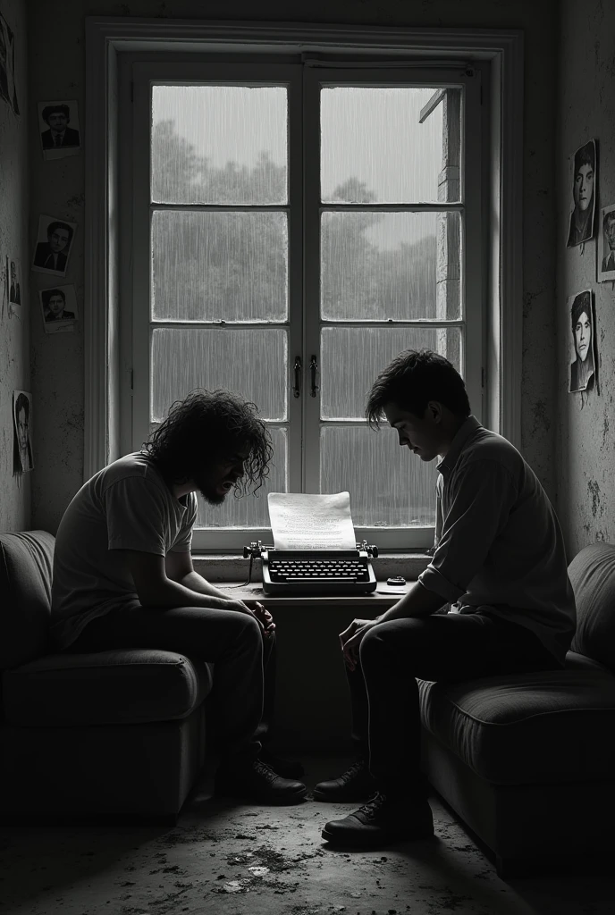 A b&w image of two men, sitting facing each other in a dimly lit dilapidated writing room. The one answering the questions in 2, with messy long hair that almost covers his face and dark eyes and looks horrified of something. He has cuts on his face. The one asking him is 1 with short hair. There is no light in the room and it's night. There is a typewriter behind them and they are sitting on couches with a window behind the scared man's back. The room has pictures hung on the wall that are torn. The scared man is wearing a dirty shirt and has blood on his hands. The other man is a college student. The scared man has no beard. The typewriter is lit in shadows. It is raining outside. The scared man is on the verge of crying and his face is half covered by his hair but the cuts on his hands are visible and bleeding. The pictures are of the man himself but scratched of torn. Realistic 