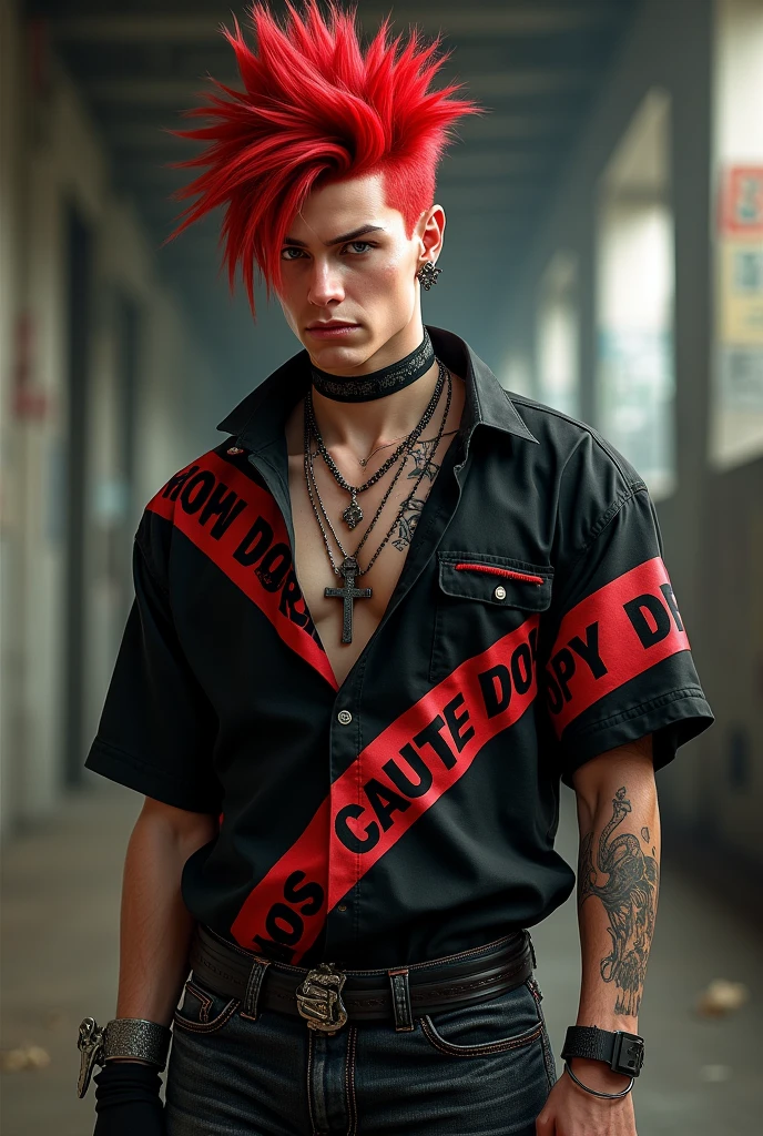 Male red hair red crown black shirt with red caution tape, black jeans, belt and choker with cross necklace