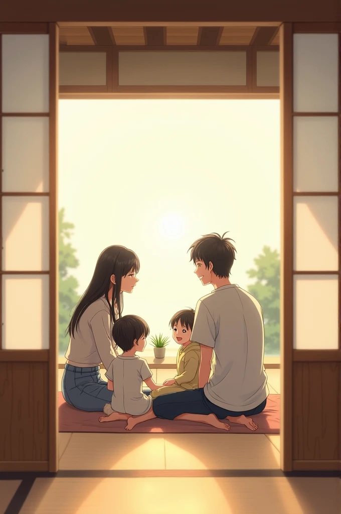 I want a photo where there is a Japanese panel in the foreground and a family enjoying well-being in that room.