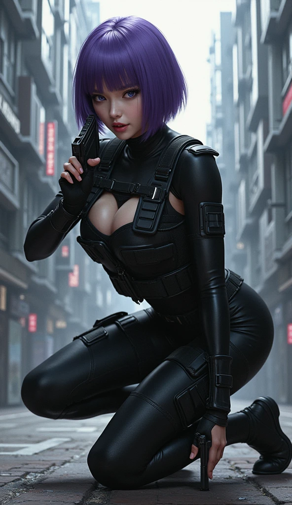 (masterpiece,Distinguished Quality,Mirror-like,Cinematic Experience,insanely detailed,absurdres),8k,wallpaper,,(Best illustrations:2.0),(One Woman:2.0),(kitana:2.0),(Ghost in the Shell-style worldview:2.0),(Black tactical bodysuit:2.0),(Heavy black bulletproof vest:2.0),(Black gloves:2.0),(Short Bob:2.0),(Beautiful Eyes),(Detailed face),(Detailed female hand drawing:2.0),(sexly:2.0),(He kneels down and aims a pistol at me.:2.0),(Raise your right knee:2.0),(The background is Tokyo, where science and technology have developed.:2.0),(The background is drawn in monochrome:2.0),(sf:2.0)、A black suit that shows off your body lines、(Cleavage 1.4), (huge breasts 1.4)、Her hair is purple,Suzu Hirose、Beautiful 2 woman