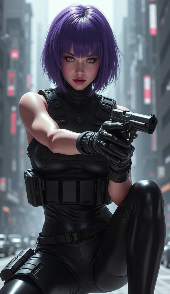(masterpiece,Distinguished Quality,Mirror-like,Cinematic Experience,insanely detailed,absurdres),8k,wallpaper,,(Best illustrations:2.0),(One Woman:2.0),(kitana:2.0),(Ghost in the Shell-style worldview:2.0),(Black tactical bodysuit:2.0),(Heavy black bulletproof vest:2.0),(Black gloves:2.0),(Short Bob:2.0),(Beautiful Eyes),(Detailed face),(Detailed female hand drawing:2.0),(sexly:2.0),(He kneels down and aims a pistol at me.:2.0),(Raise your right knee:2.0),(The background is Tokyo, where science and technology have developed.:2.0),(The background is drawn in monochrome:2.0),(sf:2.0)、A black suit that shows off your body lines、(Cleavage 1.4), (huge breasts 1.4)、Her hair is purple,Suzu Hirose、Beautiful 2 woman
