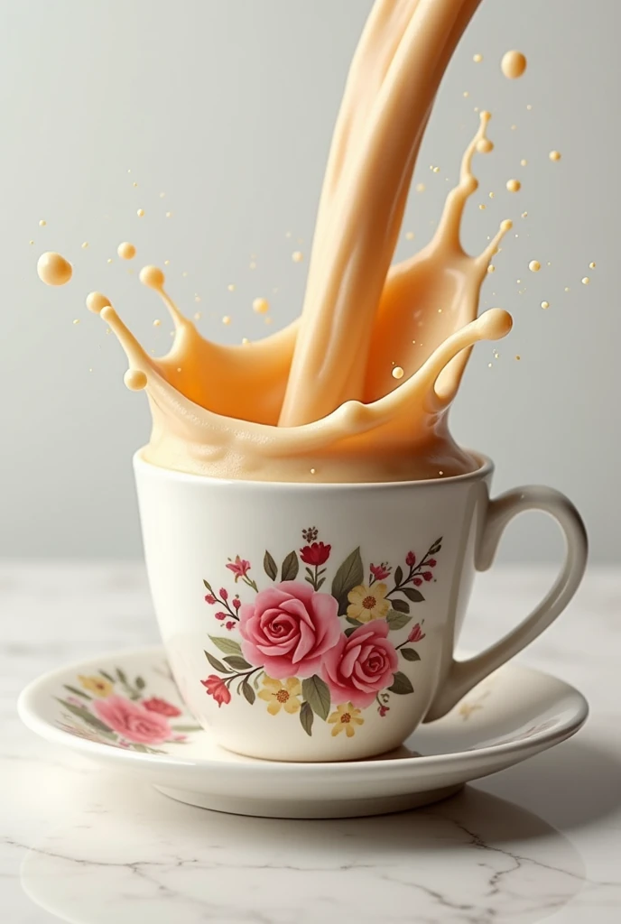 Image of overflowing in the plat of capachino in the cup which is 
Designed by flowers in the body of the cup
