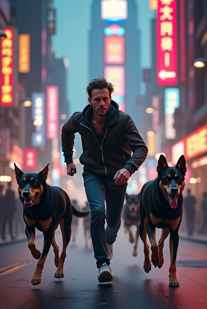 A running man front side running dogs colour black and dark brow in street road in many people in neon city