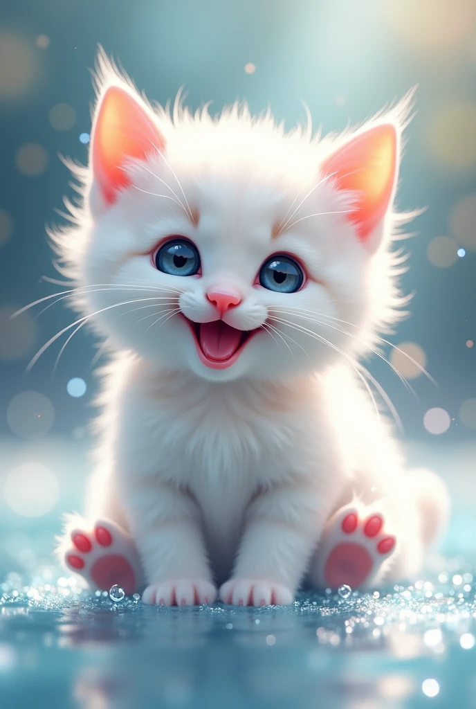 (Happy smiling kitten: 1.3、((Highest quality)), ((masterpiece)), (detailed), , (Drawing a kitten: 1.3), ((There is no one:1.3)), ((People are not drawn:1.3)), ((best quality:1.3)), ((masterpiece:1.3)), ((detailed background:1.3)), ((Happy smiling kitten:1.3)), (White kitten:1.3), In the pool, Glitter, lame, Double Exposure, Diamond particles, Emphasize pink, Light color,Sparkling