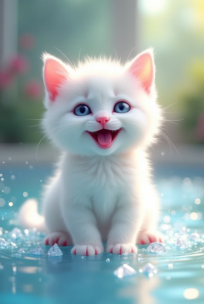 (Happy smiling kitten: 1.3、((Highest quality)), ((masterpiece)), (detailed), , (Drawing a kitten: 1.3), ((There is no one:1.3)), ((People are not drawn:1.3)), ((best quality:1.3)), ((masterpiece:1.3)), ((detailed background:1.3)), ((Happy smiling kitten:1.3)), (White kitten:1.3), In the pool, Glitter, lame, Double Exposure, Diamond particles, Emphasize pink, Light color,Sparkling