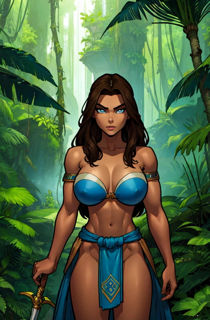 masterpiece, slender, brunette, dark tan, blue eyes, big breasts, blue tribal loincloth, jungle, spear, detailed