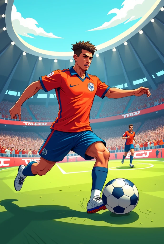 Cartoon of a 20-year-old man playing football in a stadium.