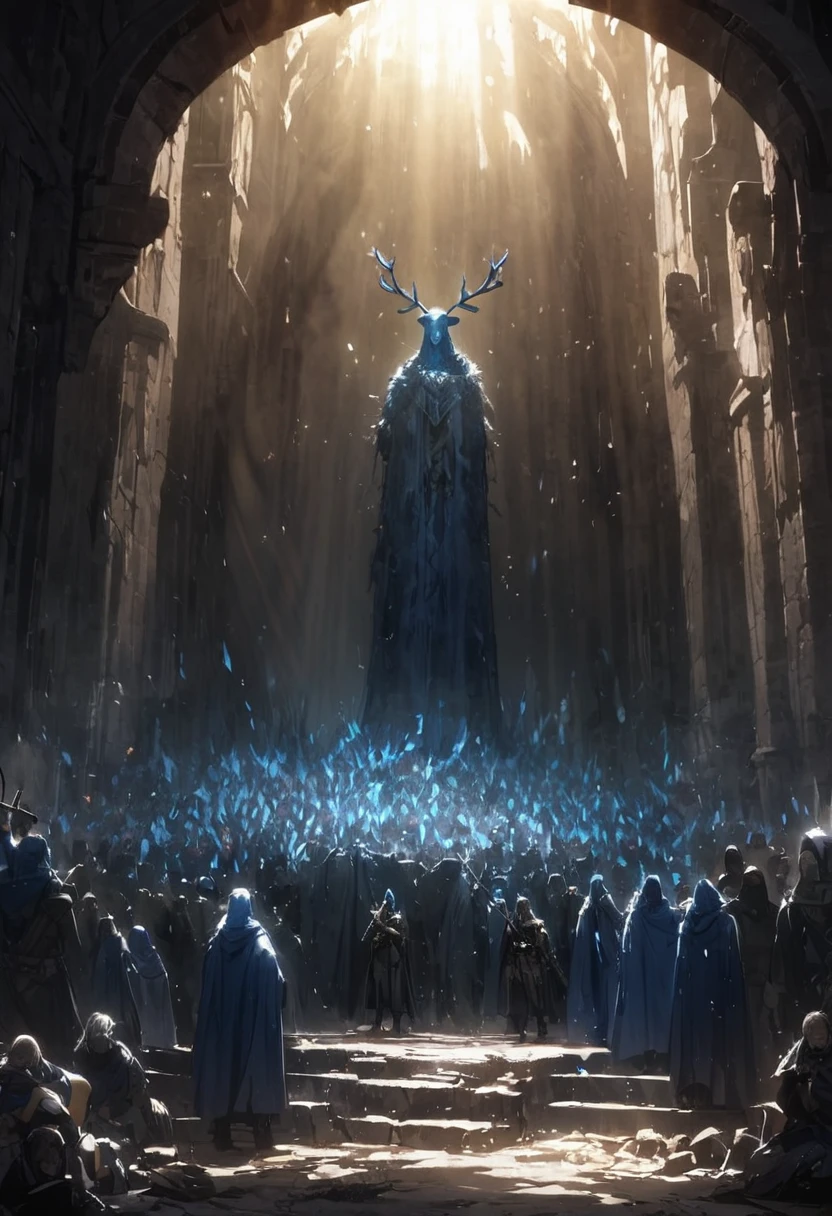 Miracle, poor crowd in misery receiving divine light, blue fur, antlers, dark medieval setting