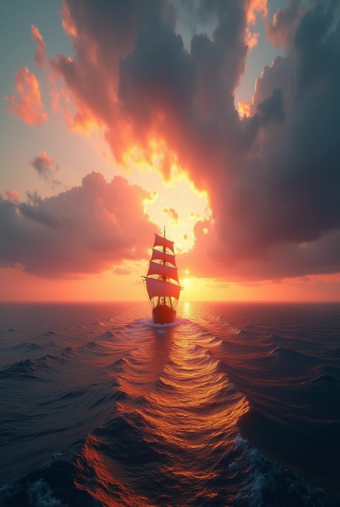 Amazing sea views, Beautiful sunrise over the wide ocean, A sailing ship gliding towards the first rays of sunlight, Dramatic sky colors, Very detailed, Realistic, photoRealistic, High resolution, Cinema Lighting, Dramatic atmosphere, Dramatic ocean waves, Dramatic clouds, masterpiece, Very detailed, Vibrant colors, Golden Hour, Mysterious, Calm, Calm海, Atmospheric, grow, Breathtakingly beautiful, Awe-inspiring, Sunrise time