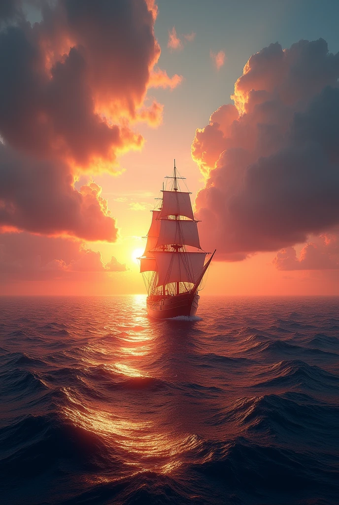 Amazing sea views, Beautiful sunrise over the wide ocean, A sailing ship gliding towards the first rays of sunlight, Dramatic sky colors, Very detailed, Realistic, photoRealistic, High resolution, Cinema Lighting, Dramatic atmosphere, Dramatic ocean waves, Dramatic clouds, masterpiece, Very detailed, Vibrant colors, Golden Hour, Mysterious, Calm, Calm海, Atmospheric, grow, Breathtakingly beautiful, Awe-inspiring, Sunrise time