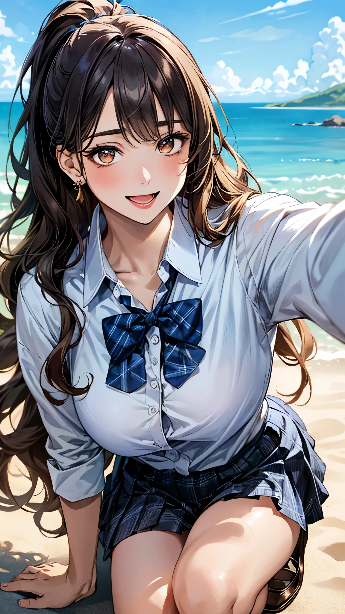 (masterpiece:1.3, top-quality, ultra high res, ultra detailed), (realistic, photorealistic:1.3), beautiful illustration, perfect lighting, natural lighting, colorful, depth of fields, surrealism,
beautiful detailed hair, beautiful detailed face, beautiful detailed eyes, beautiful clavicle, beautiful body, beautiful chest, beautiful thigh, beautiful legs, beautiful fingers, shiny skin, babyface,
looking at viewer, selfie, 1 girl, high school girl, (perfect anatomy, anatomically correct, super detailed skin), cute and symmetrical face, perfect face, perfect eyes,
(long hair, ponytail, wavy hair, chestnut hair), asymmetrical bangs, gold eyes, big eyes, drooping eyes, long eyelashes, (large breasts:1.5, seductive thighs), glamorous, outstanding style,
(detailed cloth texture, break light blue collared shirt, break light grey plaid pleated skirt, break navy blue plaid bow tie), navy socks, black loafer,
(beautiful scenery), evening, (shores, blue-sky), (crouching, pose with movement), (lovely smile, open mouth),