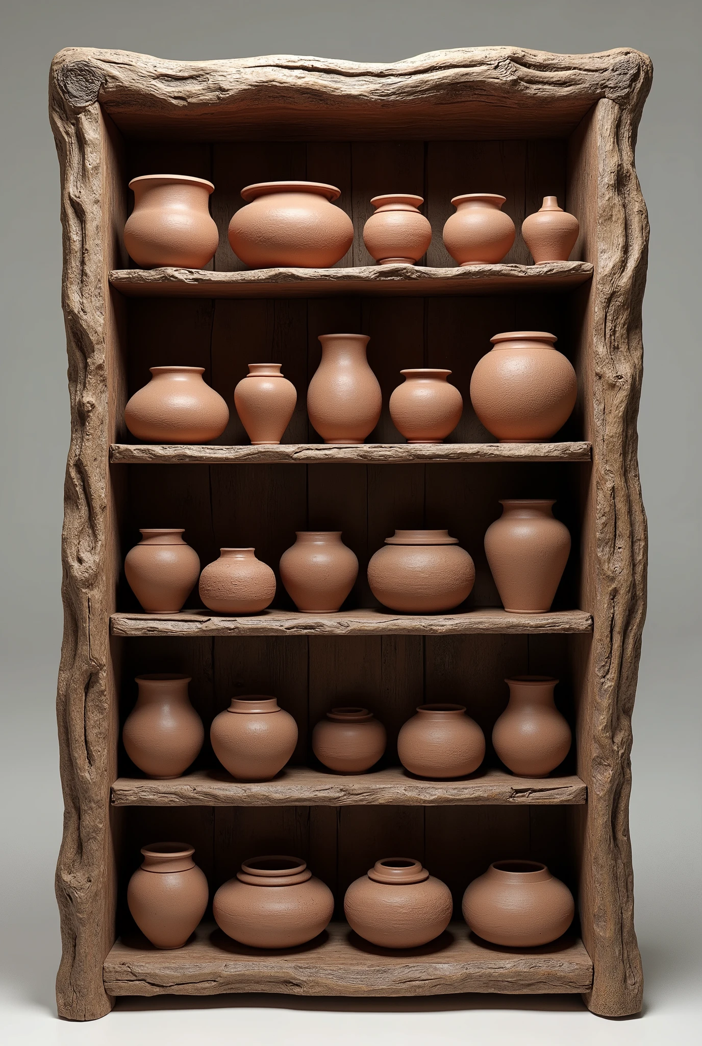Make a grotesque wooden bookshelf, thick and very old with rudimentary clay pots and jars, place each group of pots on clearly visible shelves.  A worthy presentation as a 3D reference rendered as a 3D reference for creating prop content for 3D scenarios, each item needs to be beautifully rendered and highlighted as 3D props, rendering NVIDIA GEFORCE RTX 3060 global physical illumination Iray Daz Studio 4.2 Pro Render PBR Iray engineer.
