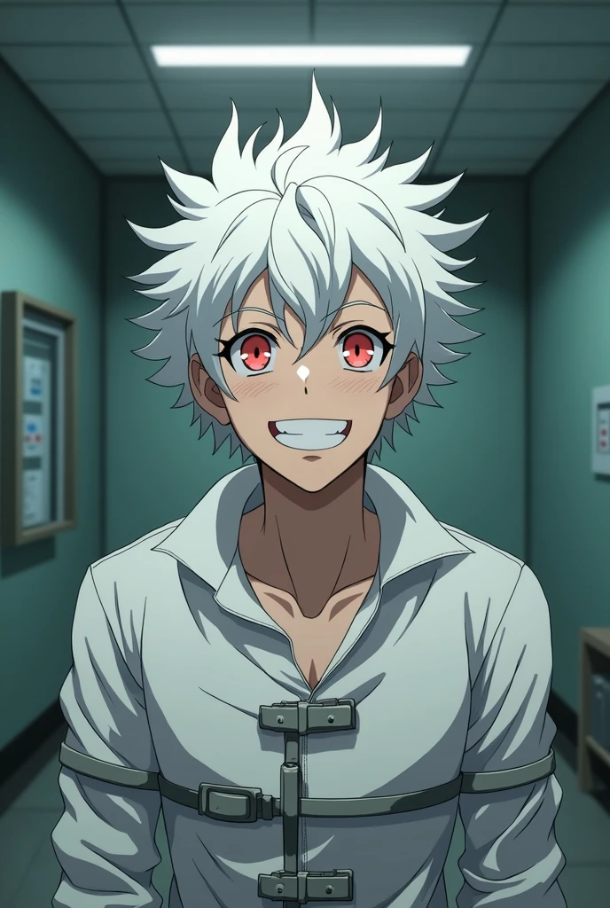 Man with white hair and red eyes, happy, with a smile, with a long-sleeved straitjacket, inside a room in a psychiatric hospital. anime.