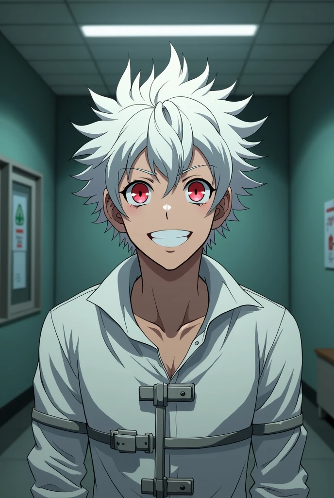 Man with white hair and red eyes, happy, with a smile, with a long-sleeved straitjacket, inside a room in a psychiatric hospital. anime.