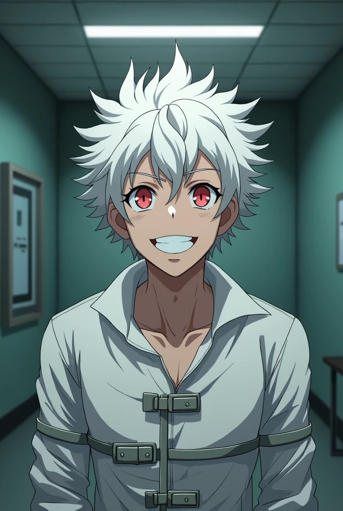 Man with white hair and red eyes, happy, with a smile, with a long-sleeved straitjacket, inside a room in a psychiatric hospital. anime.