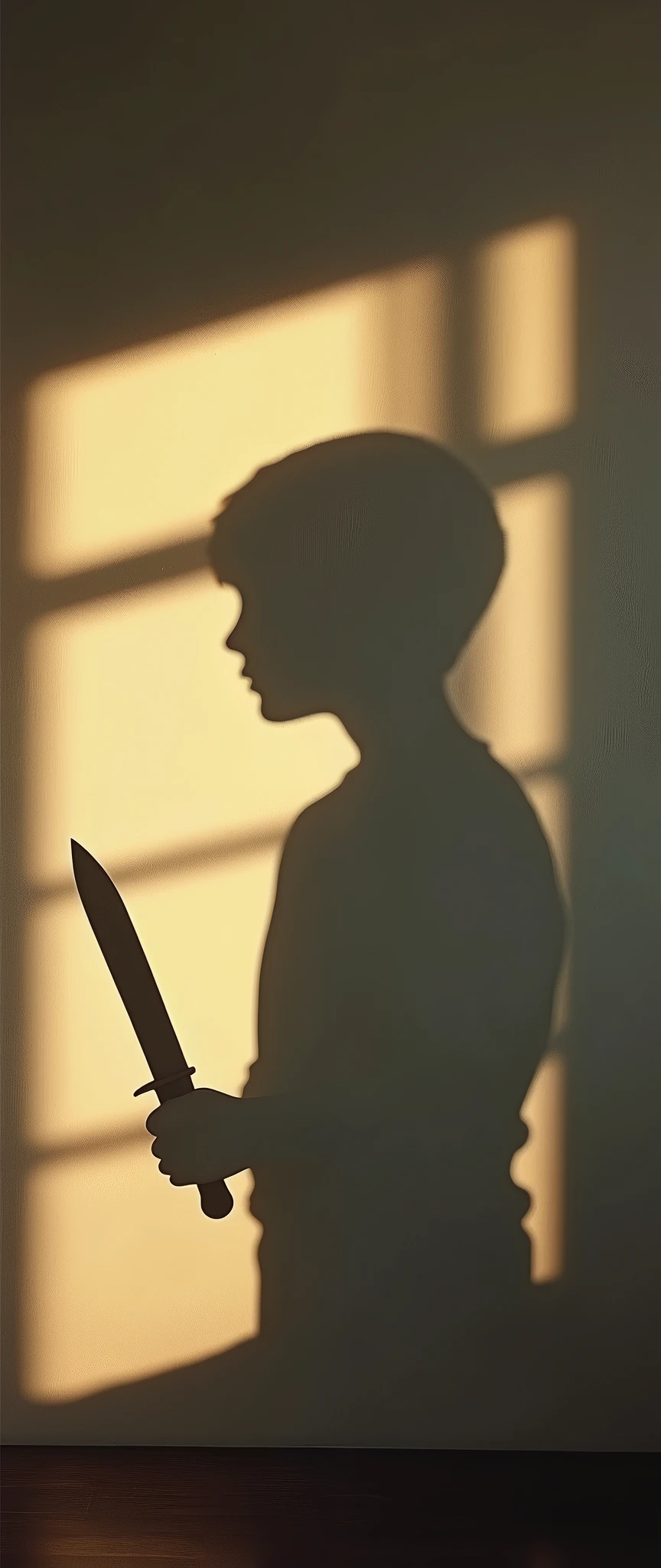 (masterpiece:1.2,Exceptional Quality,mirror-like,Cinematic Experience,Photorealistic:2.0,RAW Photos:2.0),8k,wallpaper,,The shadow of a boy holding a knife is reflected on the wall,Puberty,Boy&#39;s Poem
