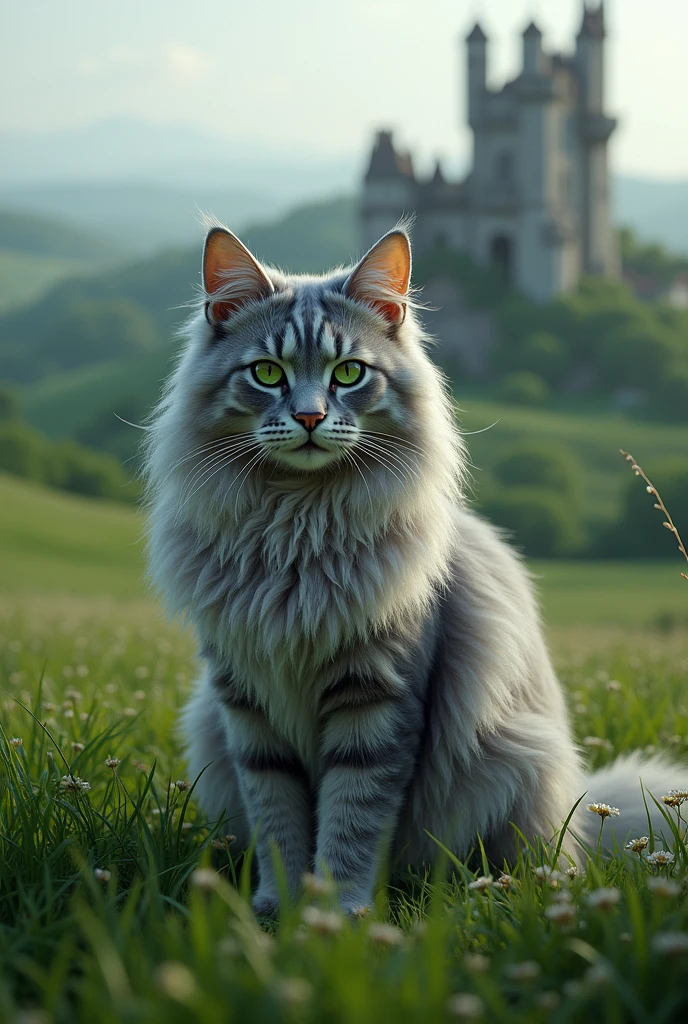 Un chat Mainecoon silver grey avec les poils longs et les yeux vert sur un domaine verdoyant avec un château abandonné en fond d'image 