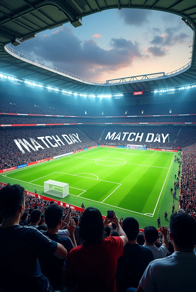 a stadium with fans dressed in black and white and on the soccer pitch is the word Matchday.