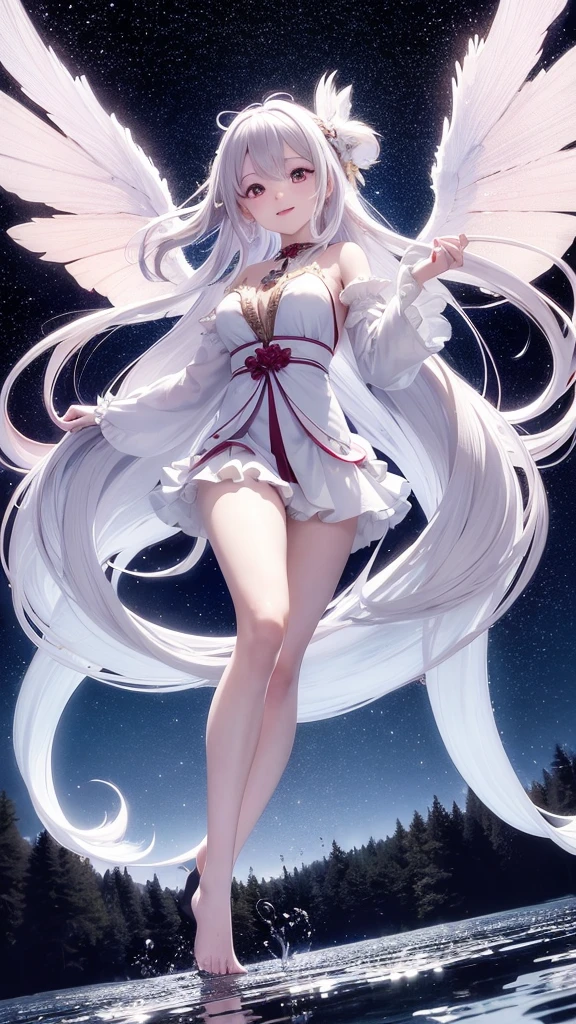 Japanimation style, 1 fairy, mature girl, golden side tail, large garnet-colored eyes, cute smile of a young face, as if to emphasize the line of the body, dressed in a long white and silver-white frill curtain that is wrapped in the wind, shaking the four rainbow-colored wings growing on her back, flying over the surface of the lake, night curtain, a large moon dominates the sky, a lake where the moonlight reflects wildly, and while creating a water pattern on the lake surface, on the stage of the lake surface of the deep forest, the one-of-a-a-a-kind, a nice full-body up angle photo,