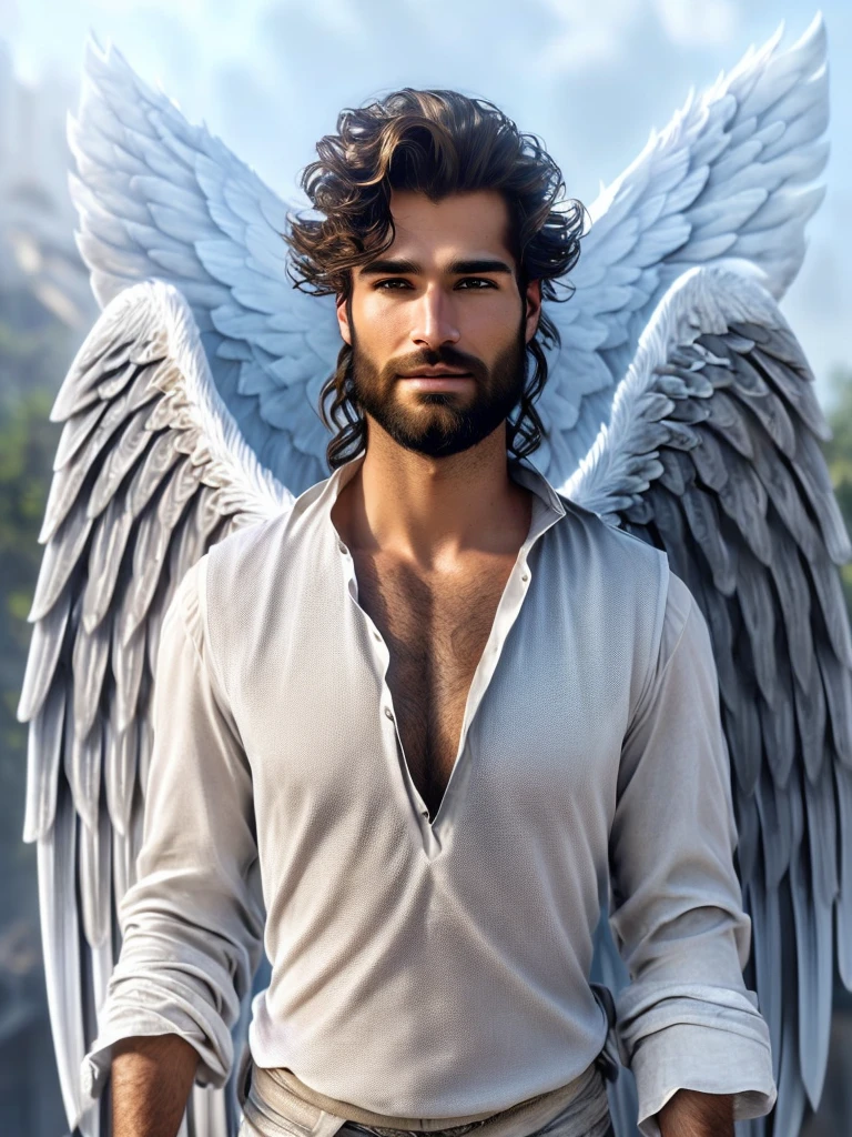 arafed male with long light hair and a beard and a white shirt, full - body majestic angel, male with halo, handsome stunning realistic, epic angel wings, biblical accurate angel, winged human, angelic face, angelic, young wan angel, with wings. ultra-detailed, angelic wings, male character, massive angel wings, grand angel wings, wearing angel