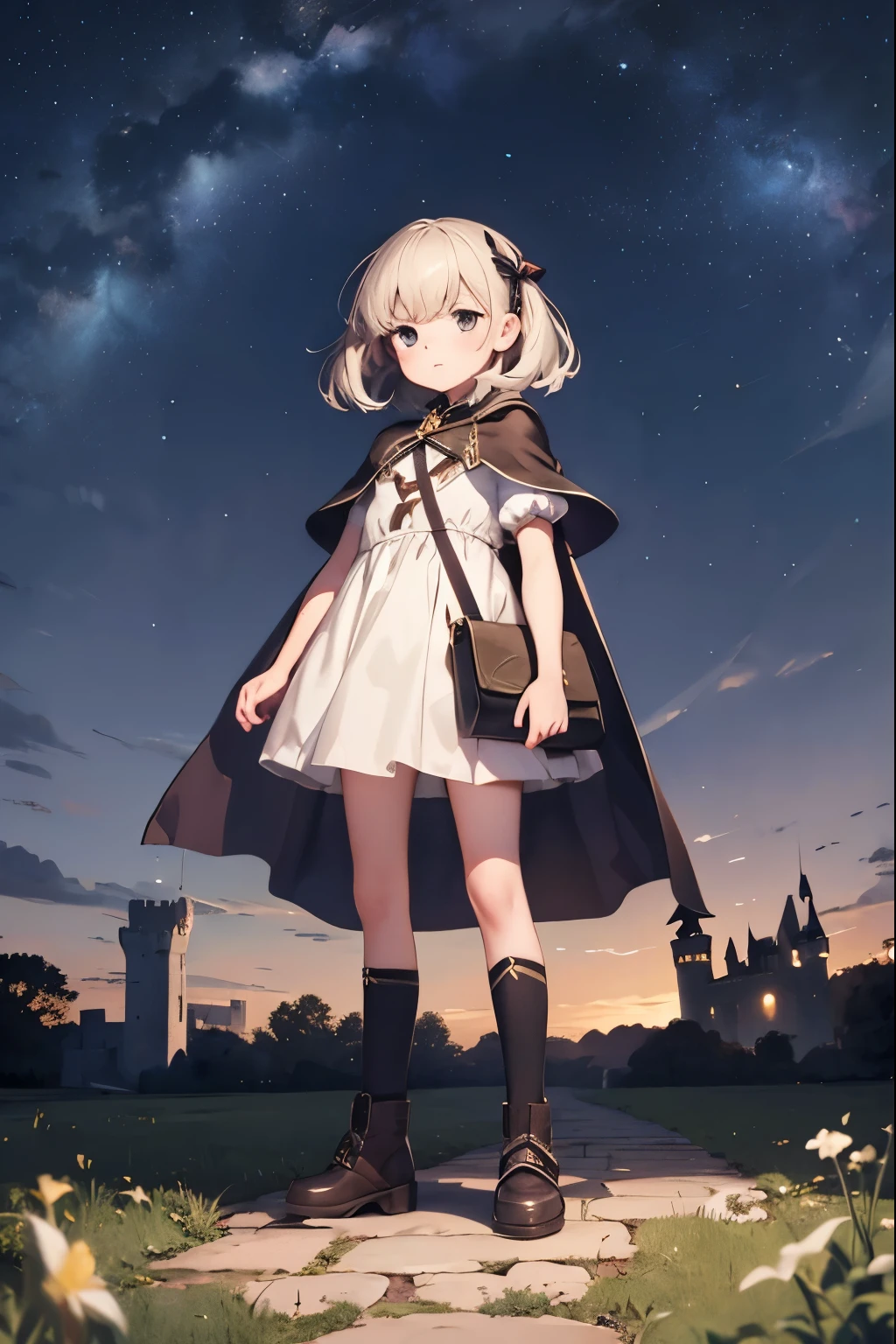 night sky, castle,  1girl, standing, solo, full body, , maribe, puffy short sleeves,  cape, bag