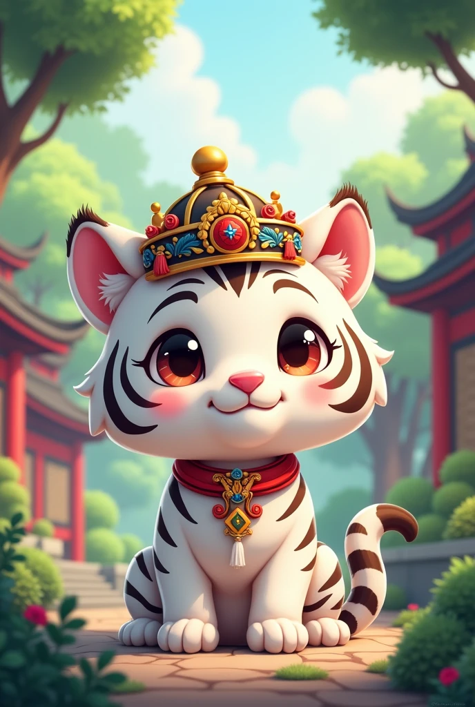 A white tiger wearing a Chinese official hat,cute style,background chinese style forest building