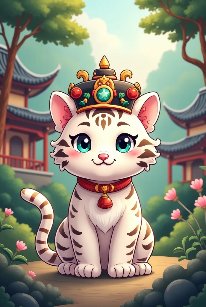 A white tiger wearing a Chinese official hat,cute style,background chinese style forest building