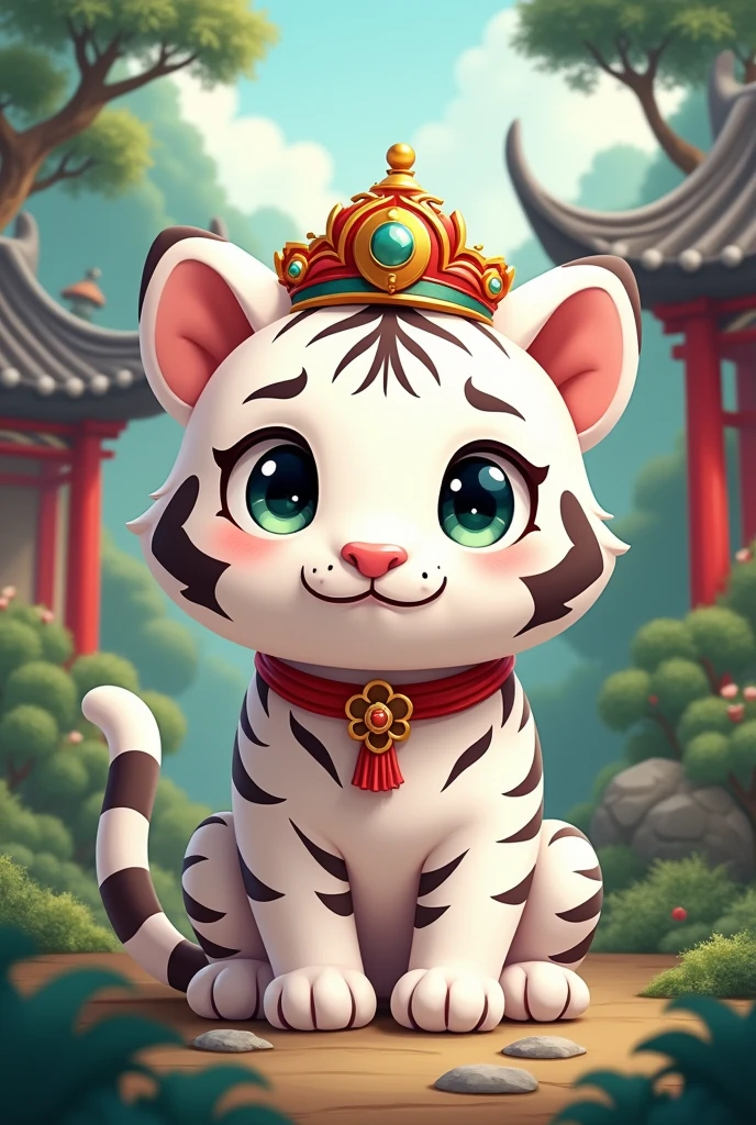 A white tiger wearing a Chinese official hat,cute style,background chinese style forest building