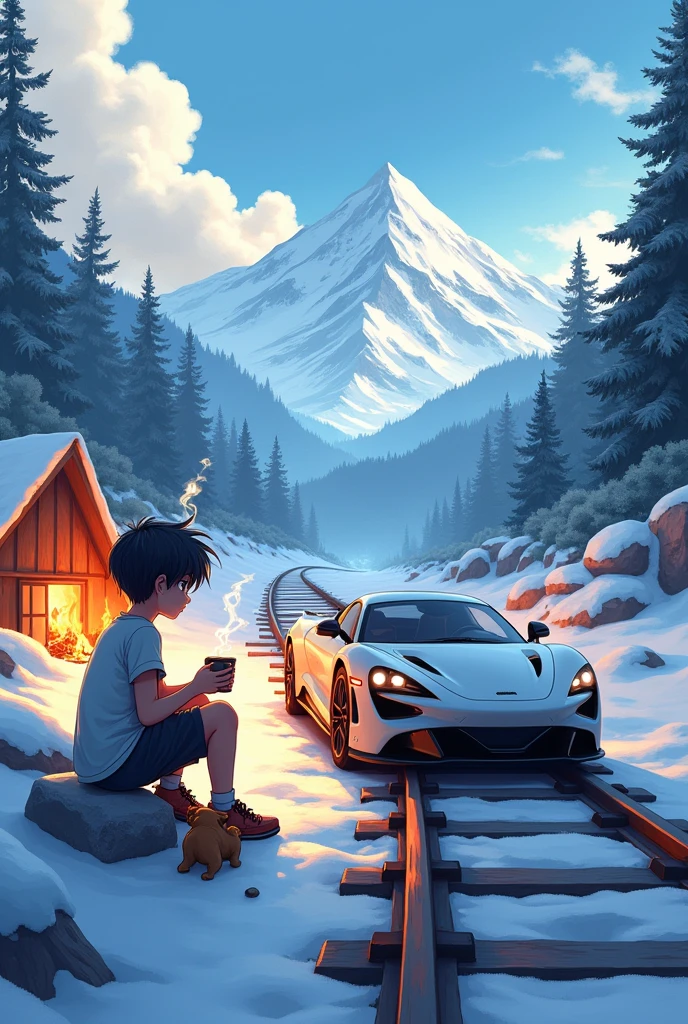 A boy sitting on a railwy track in snow in mountains and with company with small puppy and a sports car in the railwy  track and boy drinking coffe in wood fire camp and drinking coffee a anime boy wearing shorts amd tshirt
