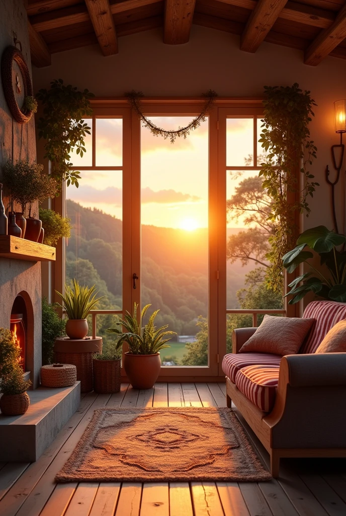 Interior scene of cottage with windows to sunset