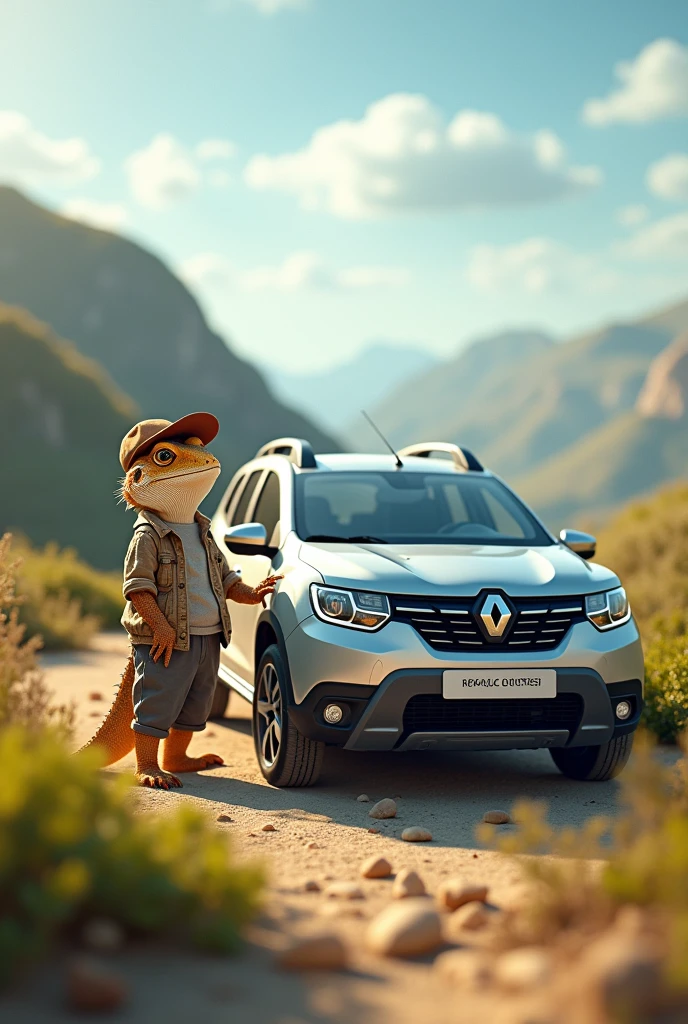 A cute lizard wearing a cap and clothes next to a silver Renault Duster in a beautiful landscape