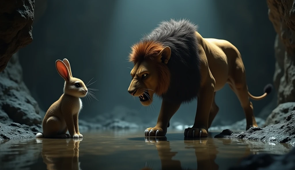 In Cinematic 3d style image " Scene 7: The Lion and His Reflection

Description: The lion and rabbit arrive at a large, dark cave. The lion peers inside and sees his reflection in a pool of water, mistaking it for another lion. The lion is shown with a fierce expression as he prepares to attack, while the rabbit watches from a safe distance, with a sly smile.
Focus: The lion’s aggressive stance and his reflection, with the rabbit’s clever expression in the background.