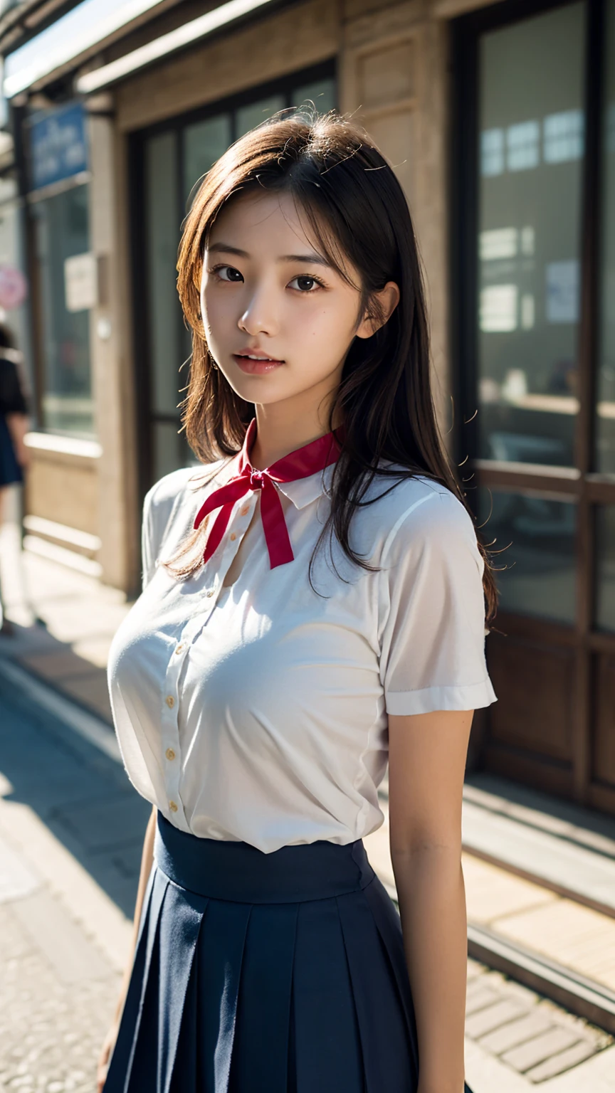 “A hyper-realistic portrait of a young Japanese schoolgirl with lifelike human features. She has natural, smooth skin with a hint of warmth, and her long, dark hair falls naturally around her shoulders. Her big, brown eyes are expressive and full of emotion, reflecting curiosity and innocence. She wears a traditional Japanese school uniform: a navy-blue pleated skirt and a crisp white blouse with a classic sailor collar and red ribbon. She stands in a real-world setting, such as a quiet Japanese street or a classroom, with natural lighting that casts soft, realistic shadows. Her expression is gentle, with a slight smile, making her appear approachable and friendly, capturing the essence of a real person.”