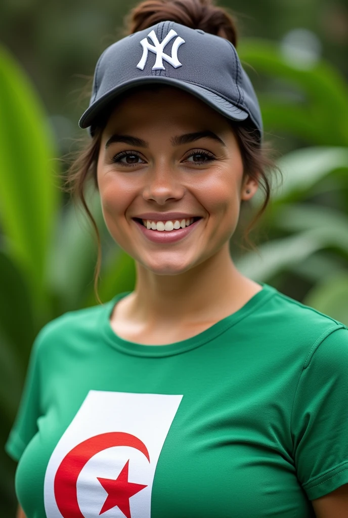 Close up, attractive woman, fat, Gorra ny yankees team 9fifty, green and white detailed Algerian flag t-shirt, green nature background