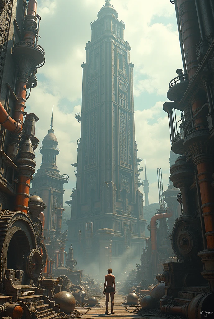 steampunk,far and near method, gear,High resolution, skyscraper