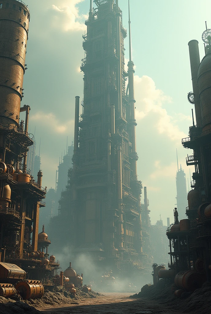 steampunk,far and near method, gear,High resolution, skyscraper