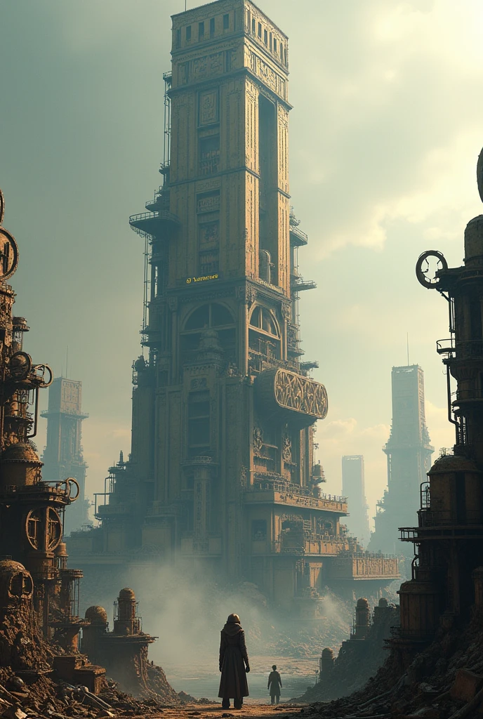 steampunk,far and near method, gear,High resolution, skyscraper