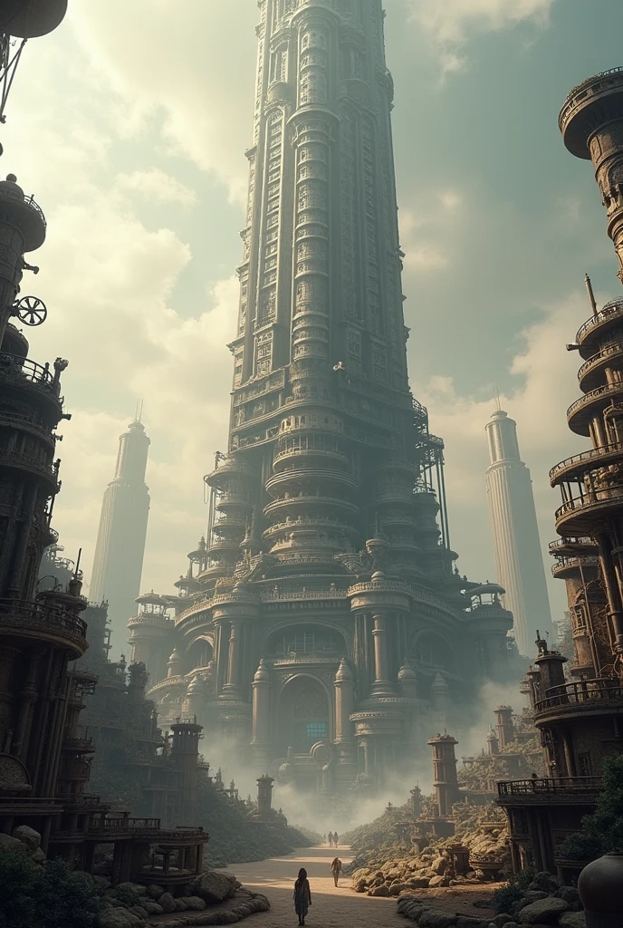 steampunk,far and near method, gear,High resolution, skyscraper